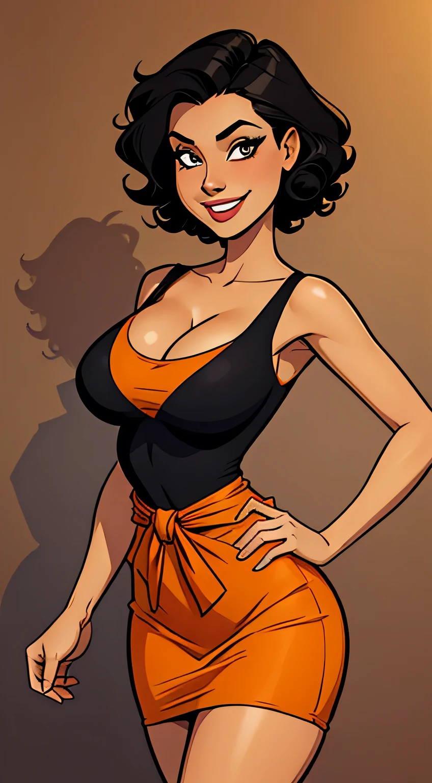 Thin woman, beautiful smiling, orange v-neck dress, skin black, short curly black hair, eyes browns, busty, Hands on waist. comic style.