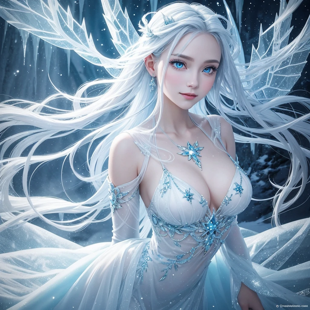 "An Ice Fairy, a graceful and serene being who wields the power of ice and snow. She has hair that is pure white or a pale blue, reminiscent of freshly fallen snow, and wings that sparkle like intricate ice crystals. Her eyes are a cool, luminous blue, shining with the cold clarity of frozen lakes. She appears to be in her late s, though her actual age is unknown, giving her an ethereal, timeless quality. Her outfit is modest, made of translucent, icy fabric that glows like frozen mist, emphasizing her connection to the cold. Her expression is calm and composed, with a subtle, reserved smile. Her facial features are delicate and perfectly balanced, radiating an icy beauty. New Ice Fairies are born from icicles in frigid lands or within ice caves, emerging to embody the pure, protective power of the cold."