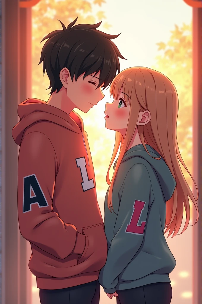 anime couple, with sweatshirts, The boy has the letter A on his arm and the girl has the letter L.