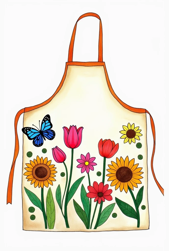 Draw an early childhood education teacher's apron that contains the following elements: butterflies, tulips, astromelias, margaritas, sunflowers and gypsophila