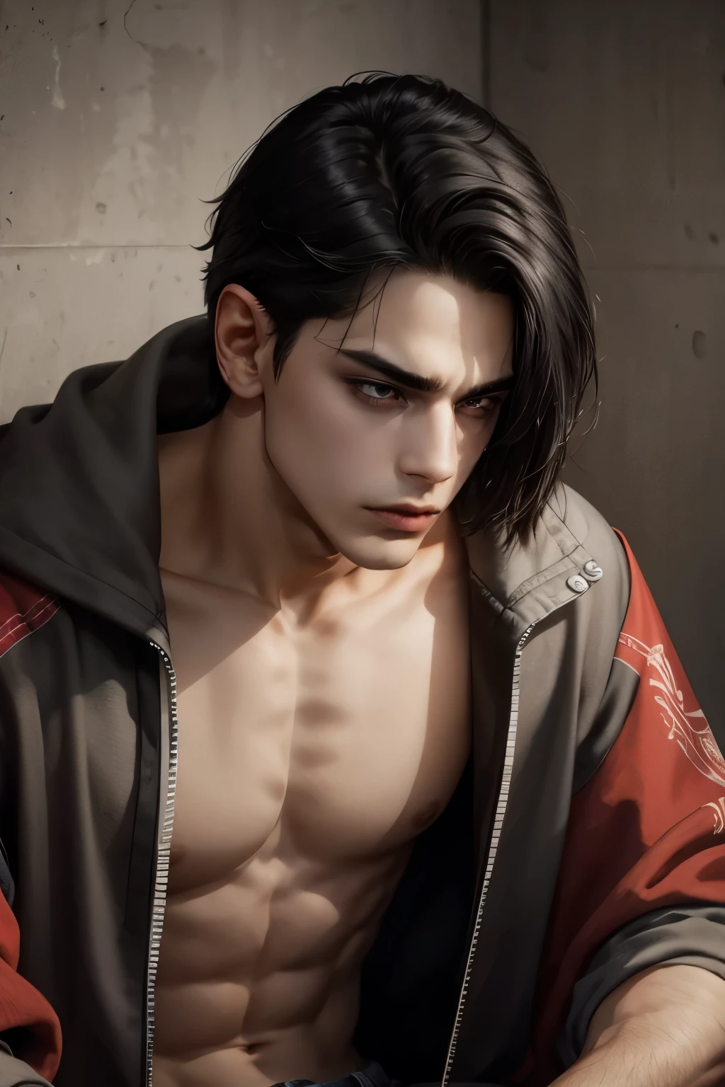 He is a 20 year old man, with fair skin and straight black hair that falls just below the ears. His eyes are dark brown and have a piercing gaze., almost always serious, marked jaw.