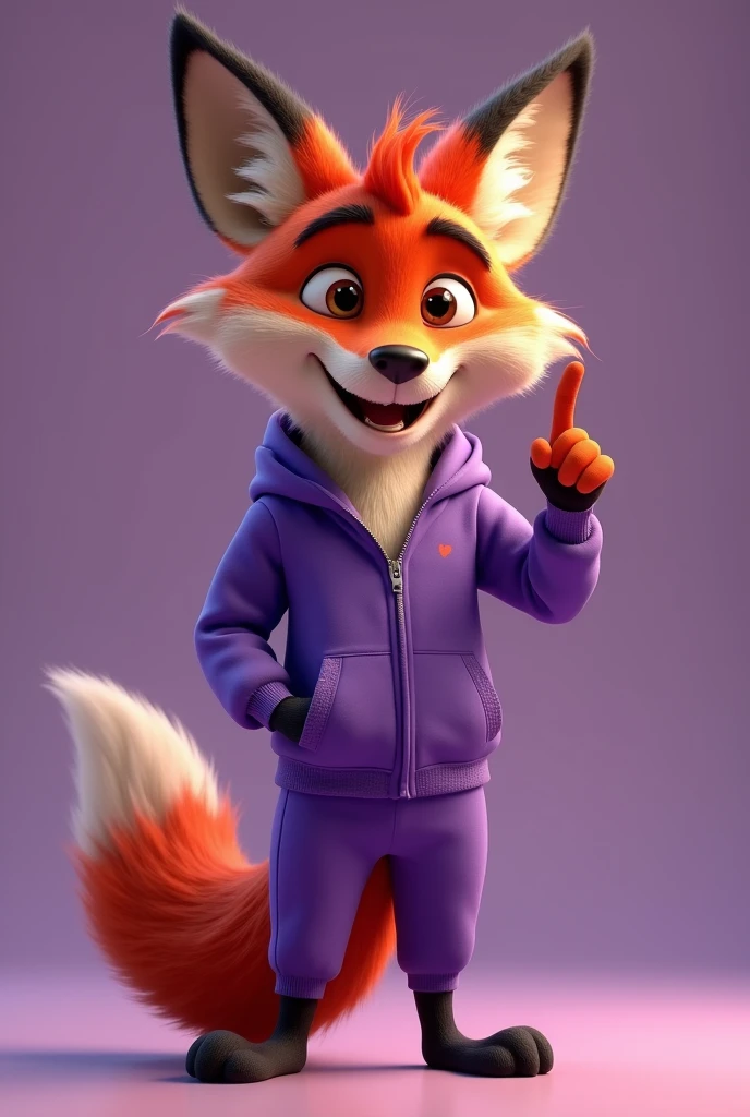 A fox standing disney pixar 4d style wearing a stylish purple tracksuit happy standing giving a wide smile and with his mouth open looking happy with his finger pointing at something