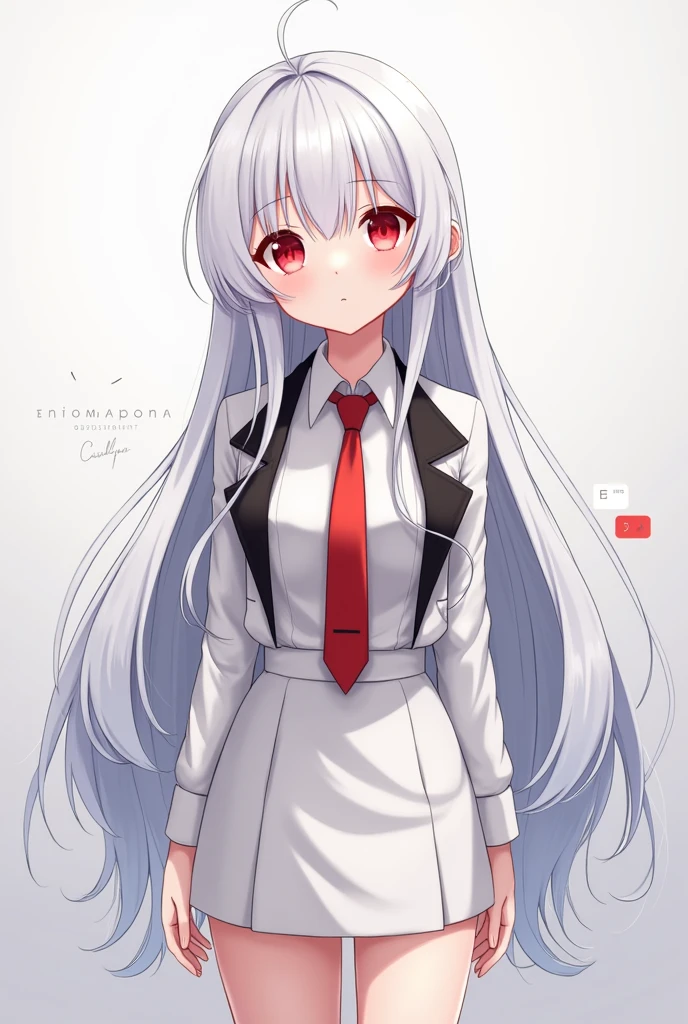Anime girl with long white hair and red eyes wearing a white skirt, a red tie and a black pointed lapel