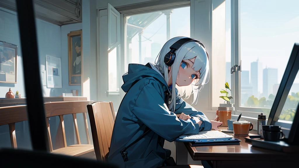 Best quaility, masterpiece, 4k, at night, A girl with white hair with blue eyes and around middle school age was wearing a hoodie, cheek cane, she wears a headset, she is facing the PC and not facing me, so I can't see her face, she is in a cafe which has sunlight shining in the building, working on something on her note PC