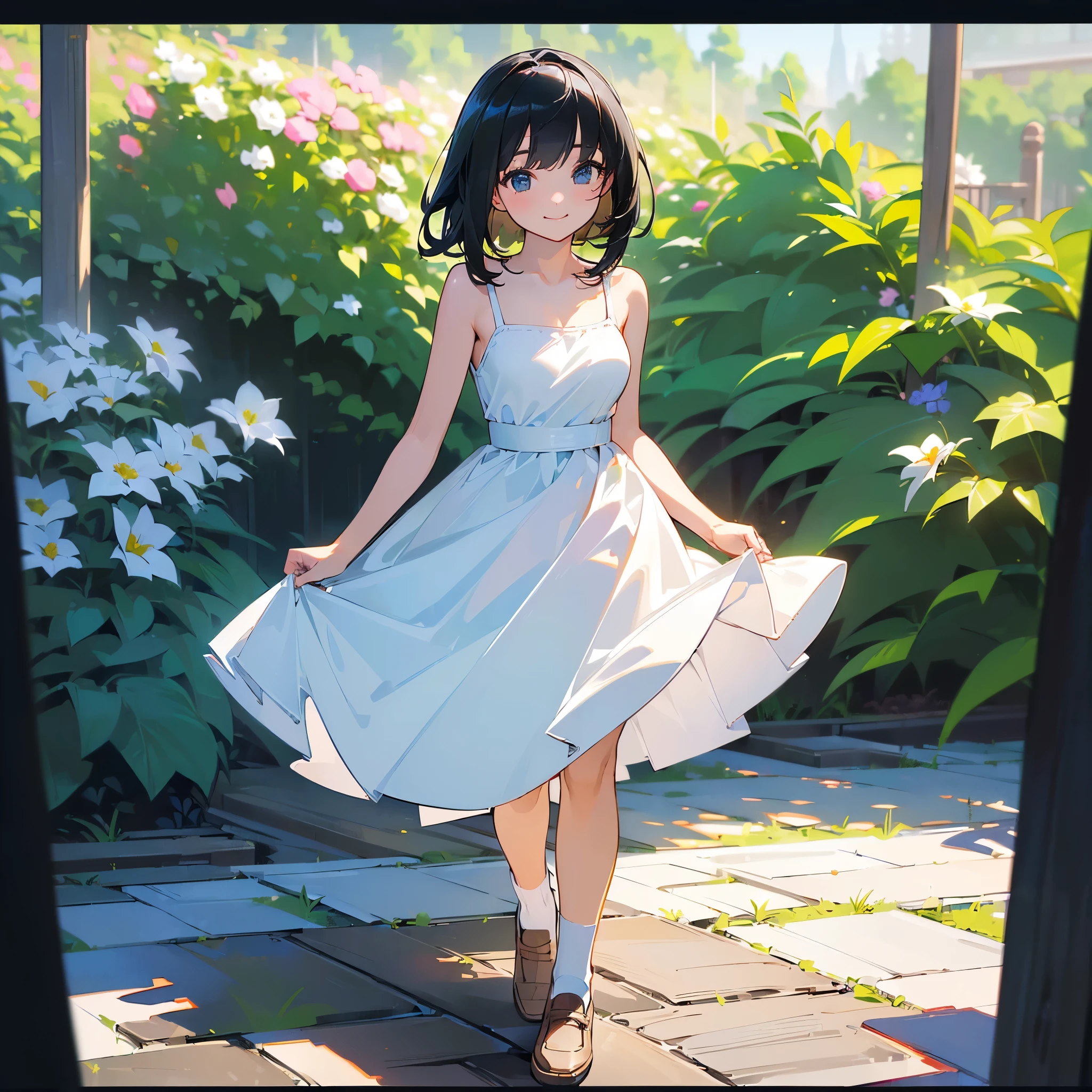 (high quality, High resolution, Very detailed, reality:1.37), Peaceful atmosphere, (Outdoor, garden), Teenage girl standing alone, (my breasts are big.), Beautiful details, Cute Smile, (Black bob hair), White camisole dress, White socks, loafers.