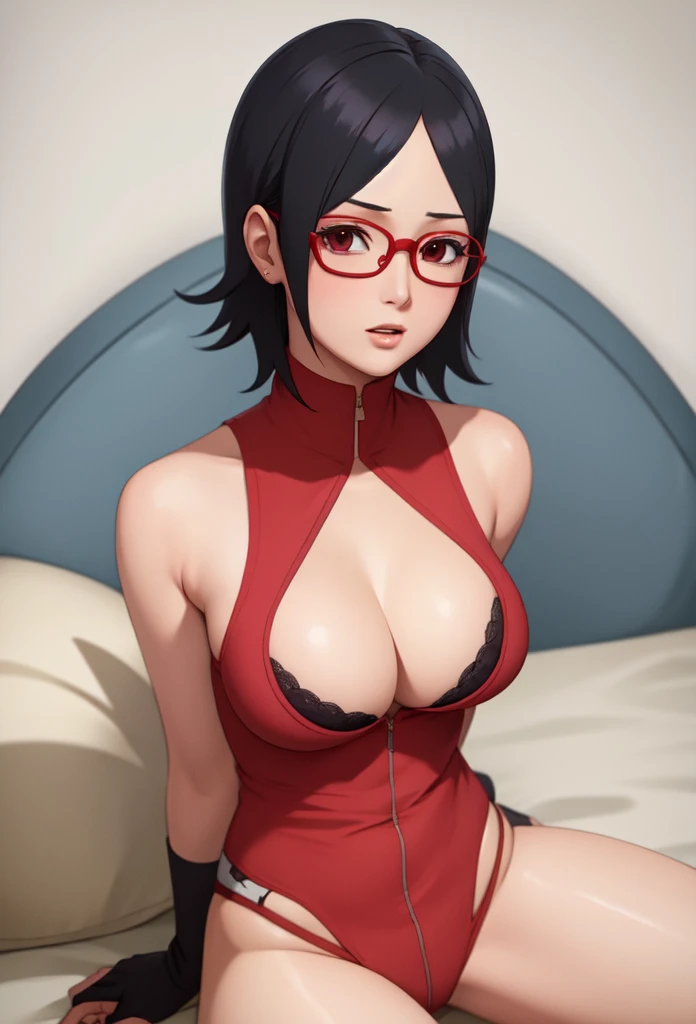 Masterpiece,Solo,One Girl,Sarada Uchiha,(Boruto),Big Breasts,Perfect Body,Ultra High Quality,Ultra High Resolution,Photograph 16K,Ultra Detailed,Short Hair,Glasses,Beautiful,Beautiful Woman,Mini Bra,Mini Panties