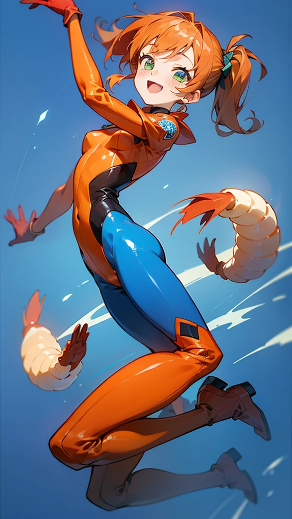 1 Girl、Anime-style paintings、solo、Side Ponytail、Bright orange hair、Bright green eyes、family of shrimp、Blue bodysuit with ethnic pattern、Open your mouth、Laughter、Small breasts、Red gloves、Red long boots, Light Blue Background, Simple Background, High heel boots, Jump, Lively poses、Shrimp is a friend