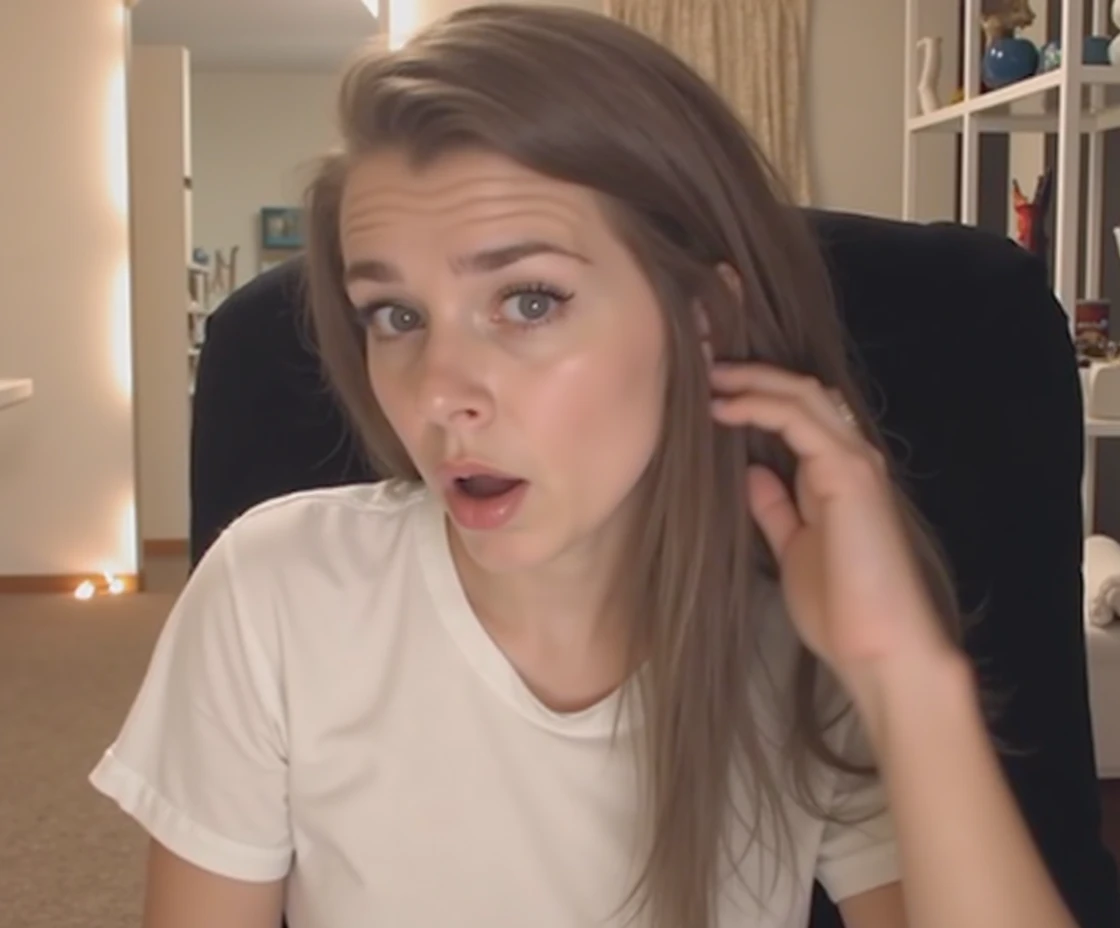 Beautiful sexy elf woman with long hair, white t-shirt, mouth open, eyebrows raised, happily gasping and moaning, long pointy ears, cinematic lighting, hyperrealistic, 8k, highly detailed, photorealistic, masterpiece
