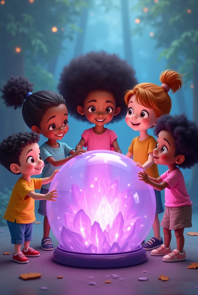 I need an image where there are five children around a LILAC crystal globe and they are all smiling and holding hands. I also need them to look like they've been drawn, as is they were cartoon characters. One of the children needs to be black. Without a background 