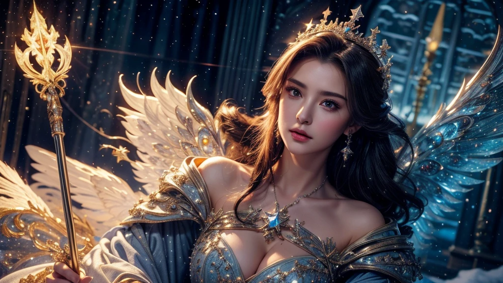 masterpiece, rest, best quality, Very detailed, Super real, 16K, high resolution, castle,snow, ((Starry Sky)),Female Mage,Gorgeous robe,Complex Mode,Pretty Face,Closed mouth,dramatic,Upper Body,Glowing scepter,Glowing Wings,Large Breasts