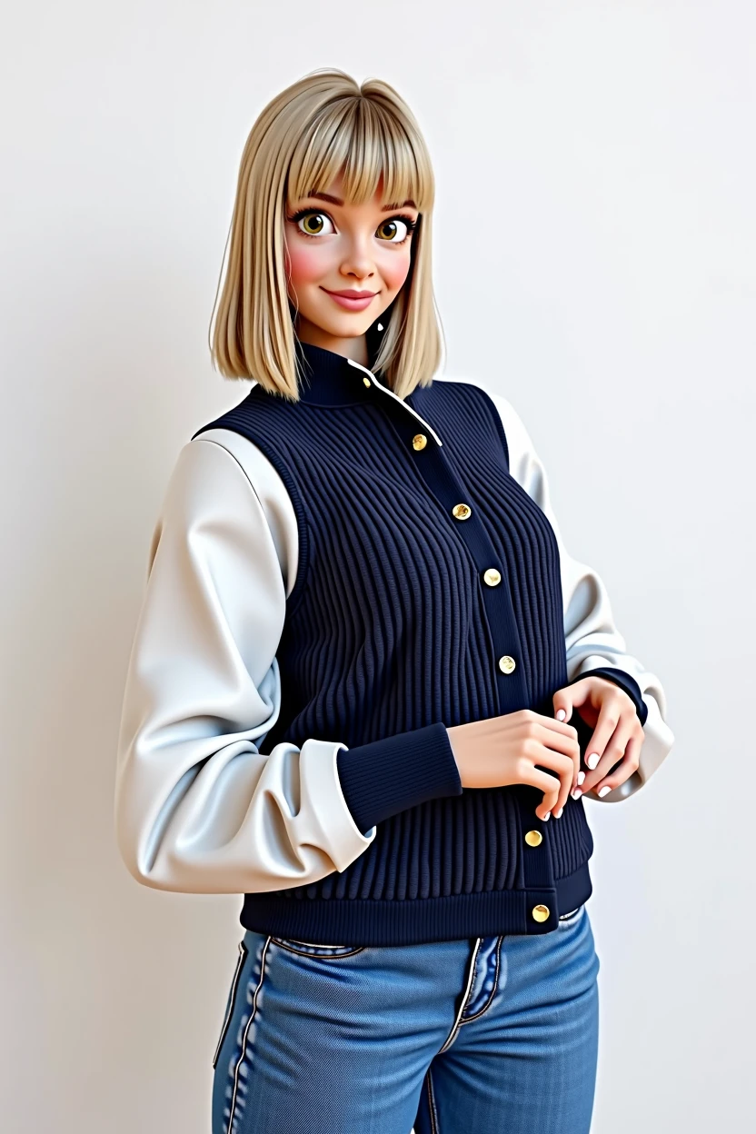 cartoon character, blonde bob hair with bangs, white sleeve shirt, with navy blue vest with buttons on both sides, animation character, stylized character, animation style rendering, 3d stylized, Arnold Maya rendering, Stylized 3D rendering, toon render screenshot, 3d character, 3d character, Stylized 3D rendering, 3D character rendering, cartoon character, Personagem de close up, character posing, (Pixar-style) (master part:1.2) (bokeh) (best qualityer) (skin detailed) (detailed texture) (8k) (Argilla) (cinematic lighting) (sharp focus