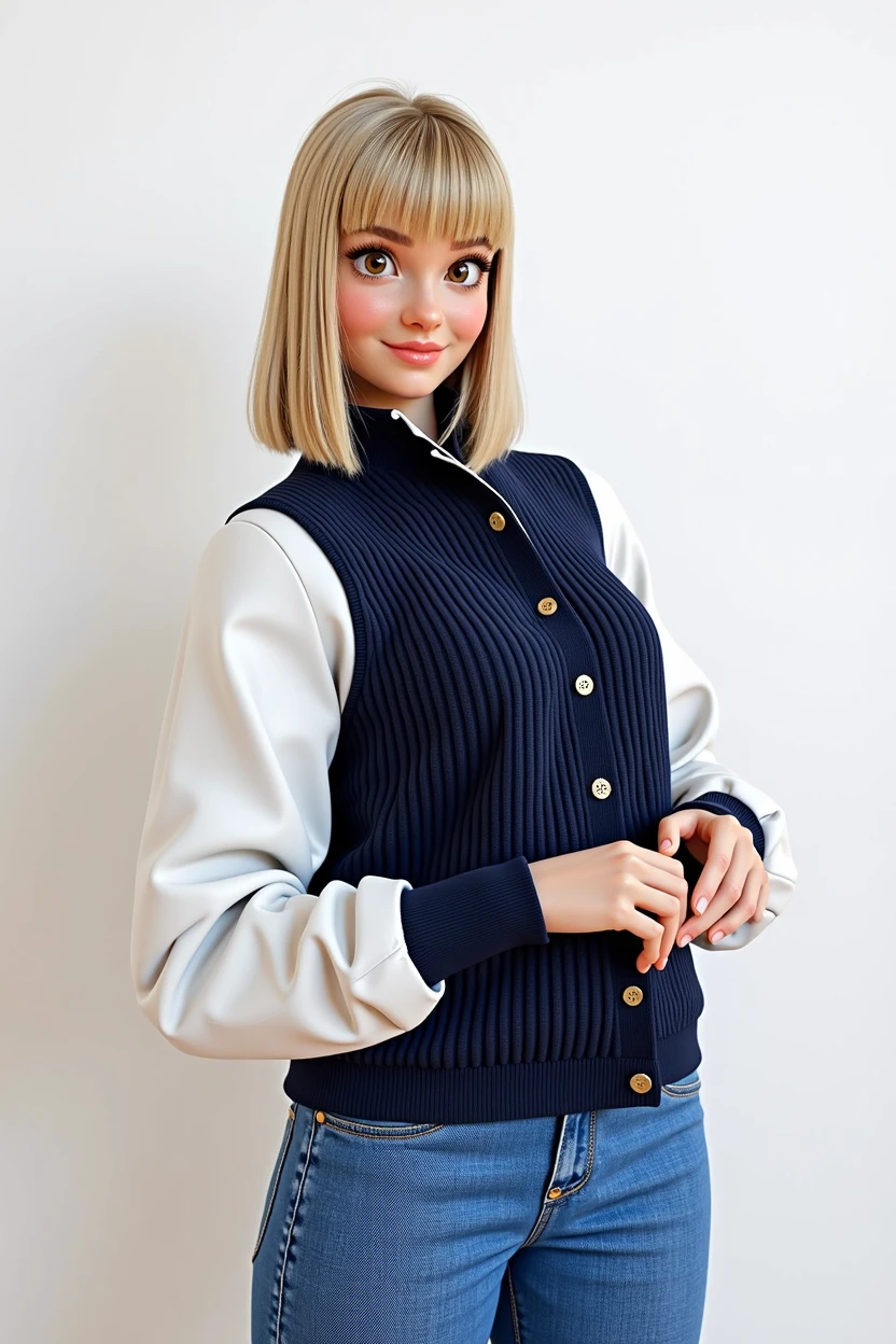cartoon character, blonde bob hair with bangs, white sleeve shirt, with navy blue vest with buttons on both sides, animation character, stylized character, animation style rendering, 3d stylized, Arnold Maya rendering, Stylized 3D rendering, toon render screenshot, 3d character, 3d character, Stylized 3D rendering, 3D character rendering, cartoon character, Personagem de close up, character posing, (Pixar-style) (master part:1.2) (bokeh) (best qualityer) (skin detailed) (detailed texture) (8k) (Argilla) (cinematic lighting) (sharp focus