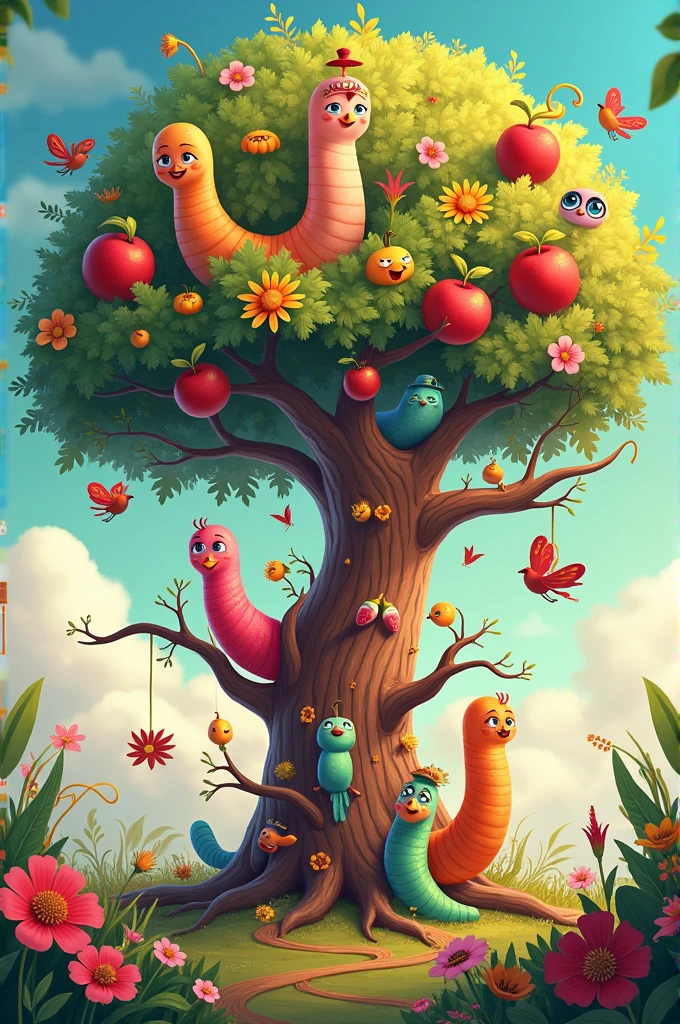 Make a family tree with cartoon worms, fruits, flowers and birds