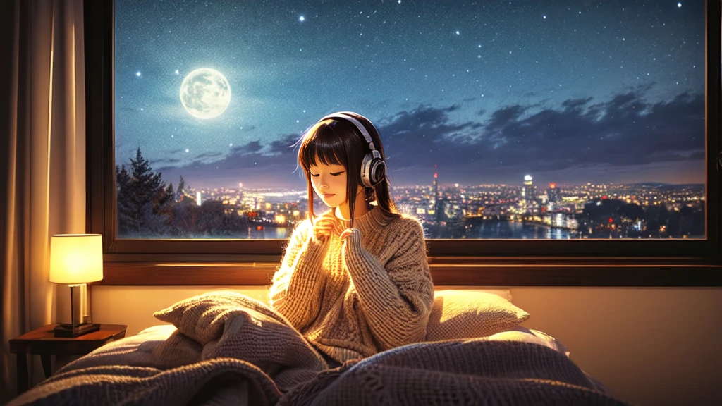 Detailed anime girls, Wearing a large sweater, Wearing headband headphones, praise, quiet, Quiet atmosphere, cold, Looking out the window in the bedroom, night, quiet night, Cat, masterpiece, Highest quality