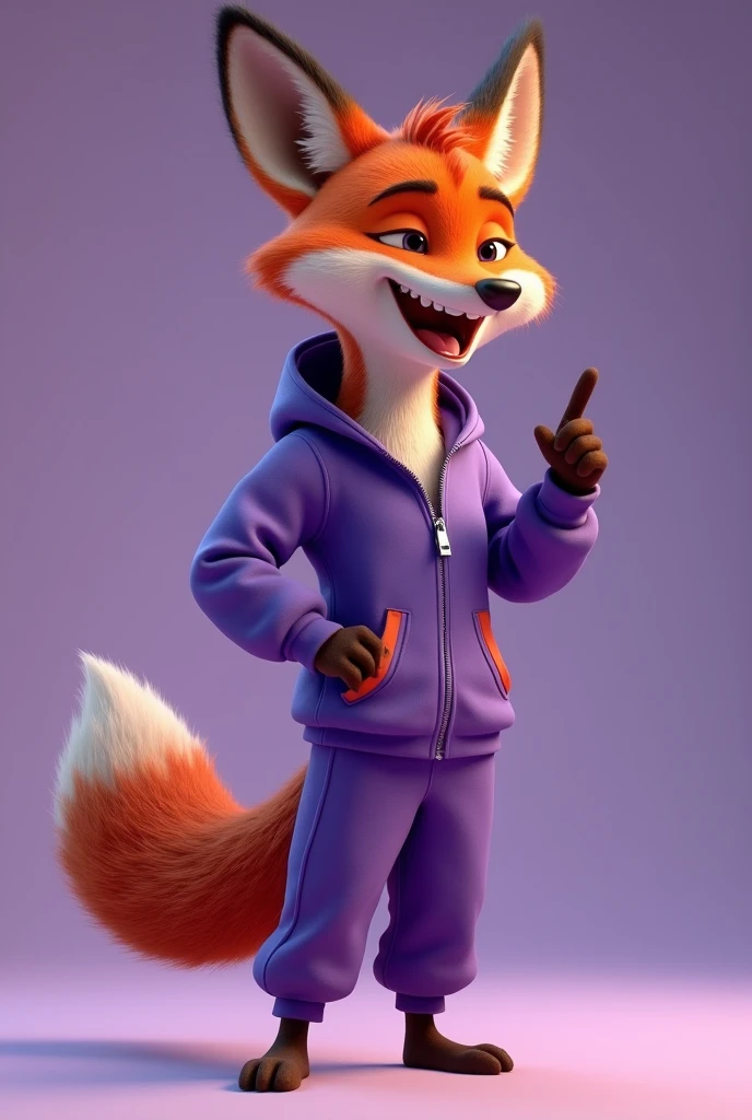 A fox standing in Disney Pixar 4D style wearing a stylish purple tracksuit, happy, standing with a wide smile and an open mouth, looking happy with his finger pointing to something to the side.
