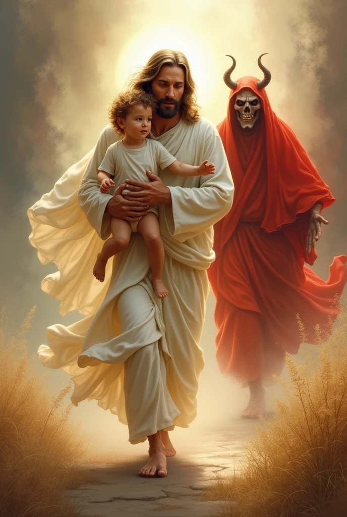 Jesus en blanc avec un enfant dans sa main qui cour
Et le diable en rouge qui regerde