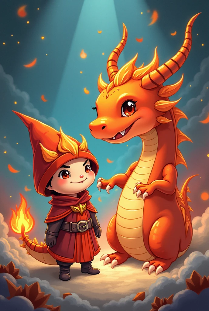 Fire mage and dragon in chibi style
