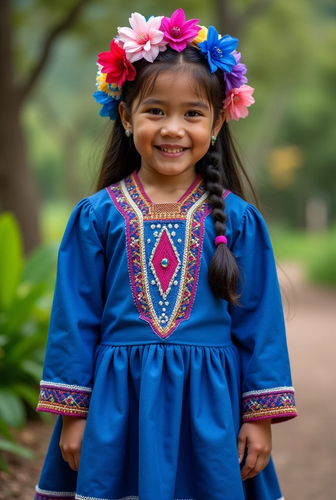 A girl in a Guatemalan costume, a typical blue costume, and with the name Yoja, in Patzicia Park, Chimaltenango 