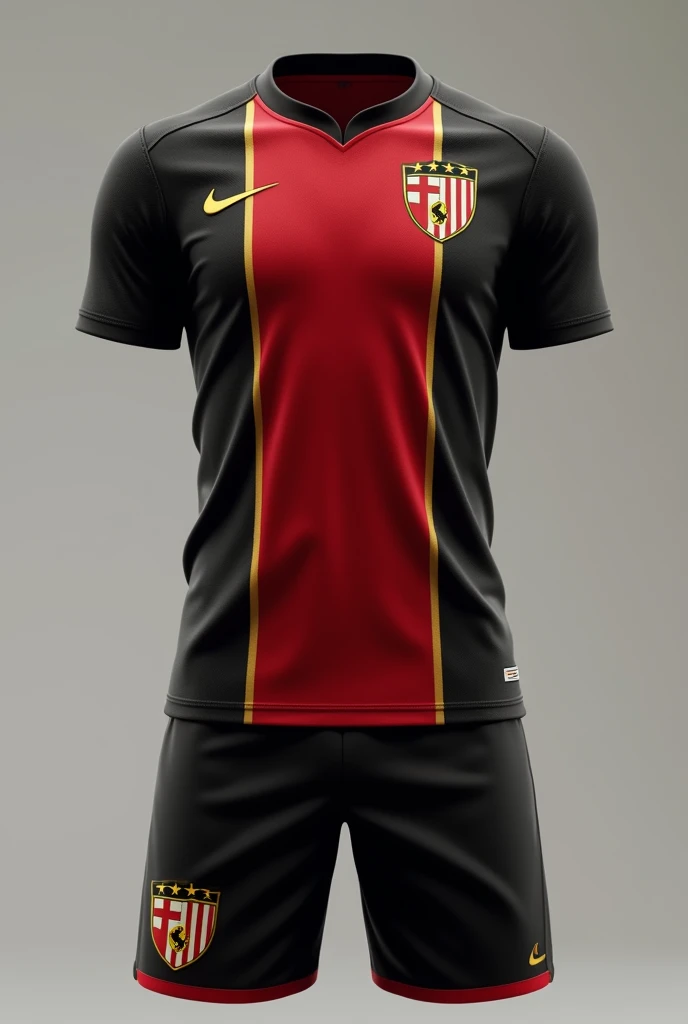 faça uniforme time de ⚽ com as cores 1°preto 2°vermelho e 3°dourado, with black being the primary color, the second being red and the third being gold 