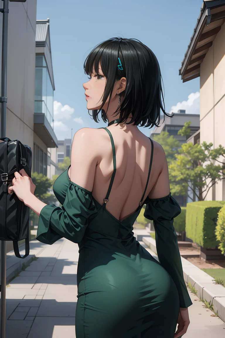 BREAK (masterpiece:1.2), best quality, high resolution, unity 8k wallpaper, (illustration:0.8), (beautiful detailed eyes:1.6), extremely detailed face, perfect lighting, extremely detailed CG, (perfect hands, perfect ???????),city,street,wet road,reflections, buildings,night,fubuki, black hair, (green eyes:1.5), short hair,black dress, dress, fur coat, high collar, jewelry, necklace, off shoulder, taut clothes, taut dress,stockings,neckline,cleavege,nipples see through,sitting in bench, wide spread legs,showing panties,showing legs.