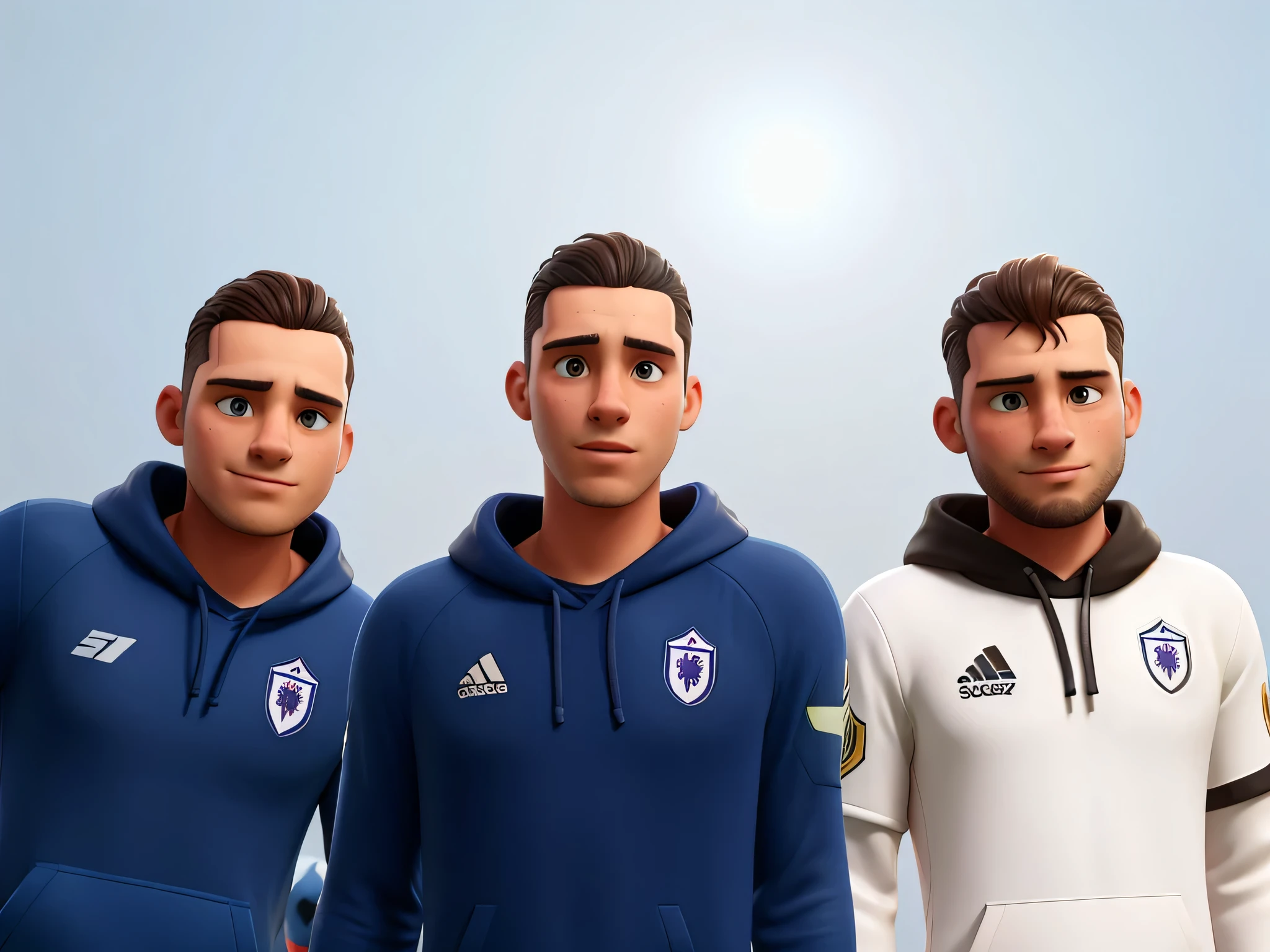 three men in black and white hoodies standing next to each other, frontal picture, enes dirig, penguinz0, aykut aydogdu, adim kashin, 3 heads, photo portrait, taken in the early 2020s, yzy, social media, pyranees, professional artwork, taras susak, profile pic, competition winningDetailed eye, digital color, (soccer jersey: 1.5), (soccer element clothing: 1.2), sports, soccer uniform, team uniform, shadow, ray tracing, decoration, high resolution, strong silhouette, colorful background , aggressive, beautiful (Illustration: 1.05), (film light: 1.1), cool aesthetic, aesthetic style, hard illustration, backwards, 8k, film grain, Kodak Portra 800, f1. 8. Prime time