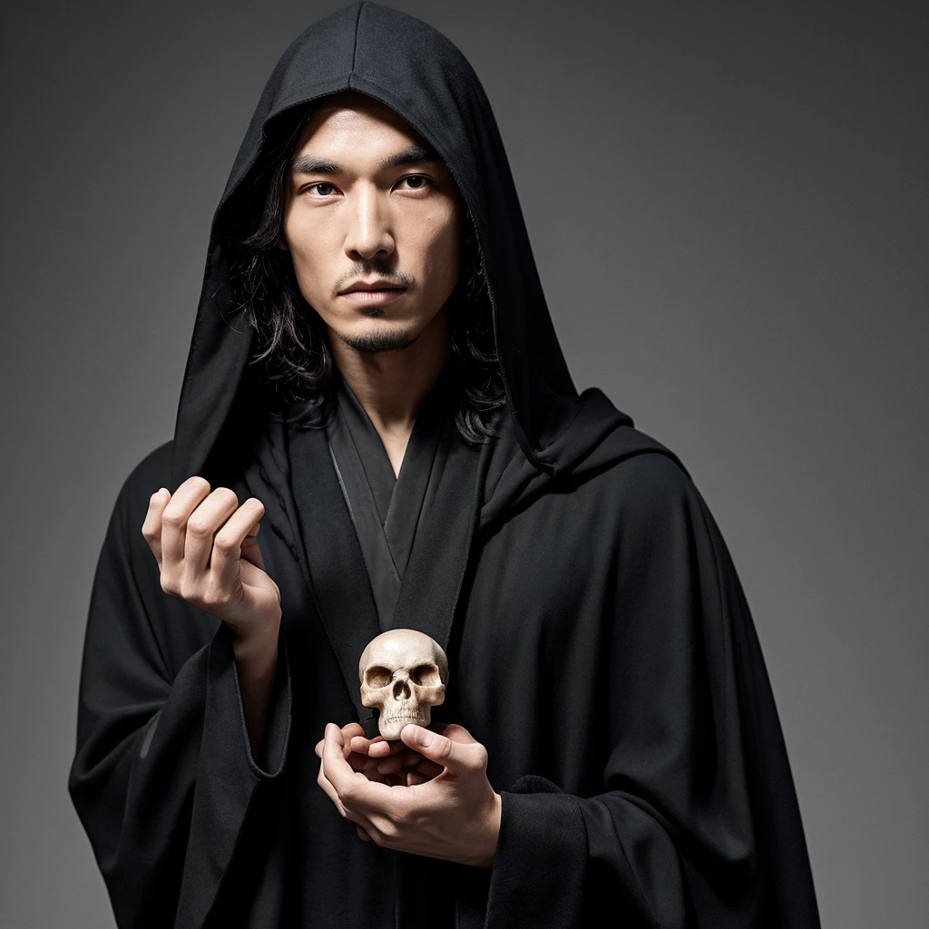 Man in black cloak and robe holding a human skull with both hands, with the face slightly lowered