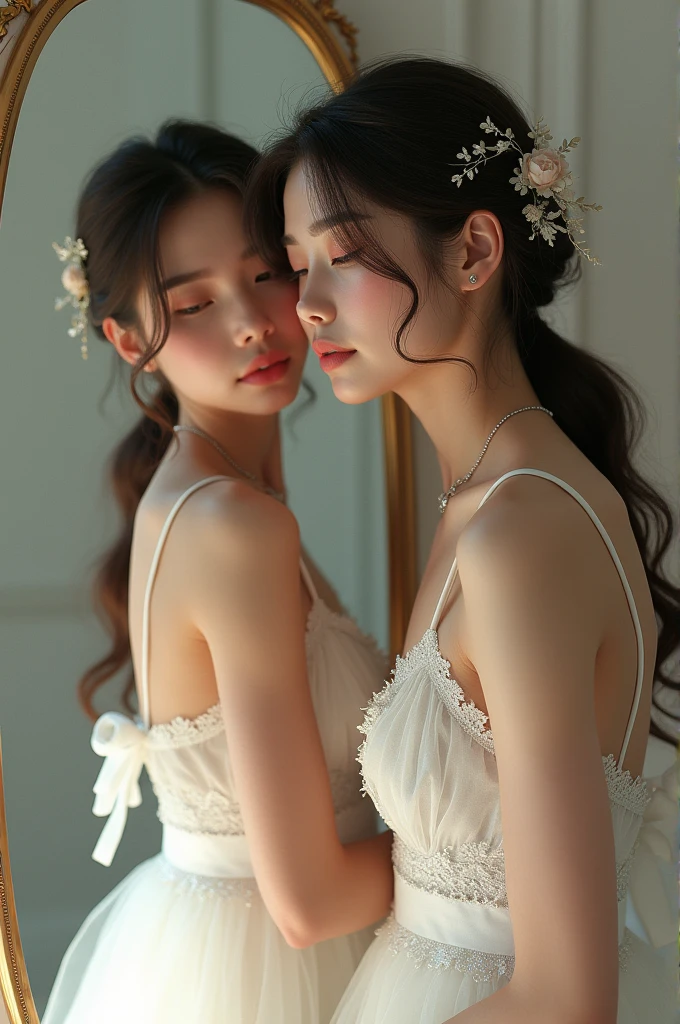 Girl taking a selfie in the mirror in a white dress with glitter on her body 