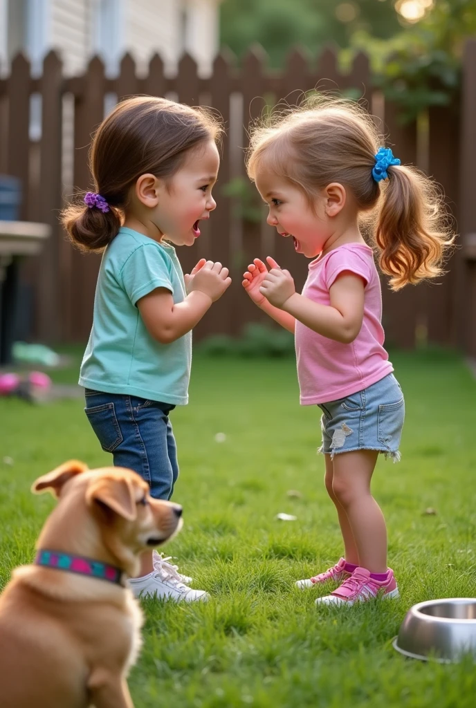 Two ten-year-old girls are arguing fiercely in a backyard. Both girls have angry expressions, their hands are raised in frustration, and their faces are flushed with emotion. Nearby, a small dog with sad, drooping eyes looks at the girls, sitting beside an empty food bowl. The backyard is typical, with green grass, a few scattered toys, and a simple wooden fence in the background, adding to the domestic setting.