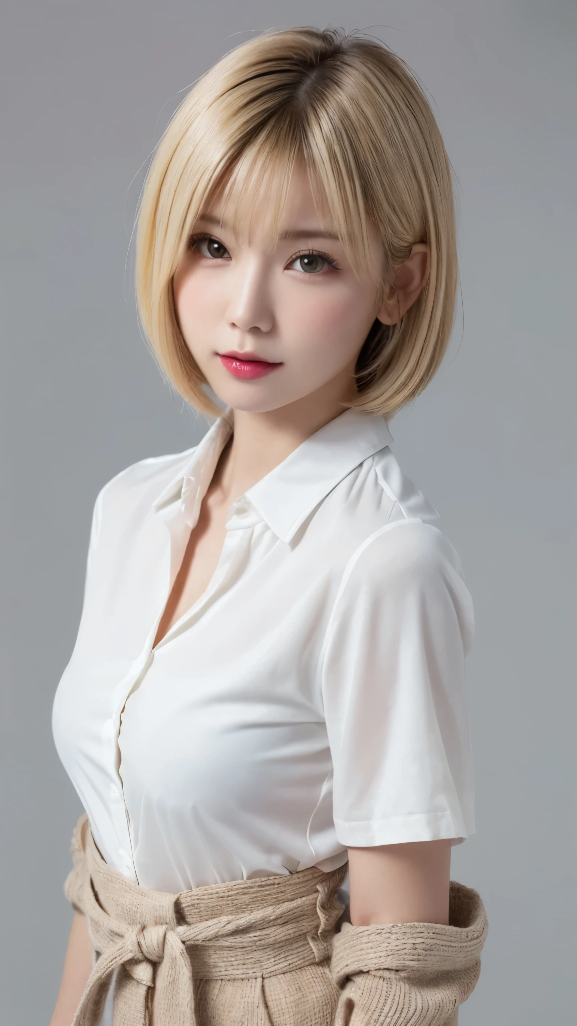 ((Close-up of face:1.6)、((naked and wearing a collared shirt that doesn't fit:1.5))、((No underwear:1.5))、((big clothes for a small body:1.7))、((small breasts like a girl:1.4))、((Short Bob Cut:1.4))、((Apply beautiful makeup:1.5))、(((amount、Small breasts、Round face、White blonde Hair、beautiful girl、blonde、White Background、cute、young、True Face、Shiny Hair、whole body)))、Tabletop, Highest quality, shape, Very detailed, finely, High resolution, 8k wallpaper, Perfect dynamic composition, finelyて美しい目, Deco Out,blonde, Medium Hair, Small breasts, Natural color lip,White Background,