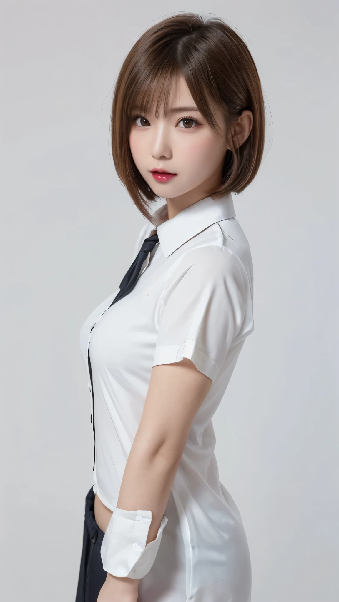 ((Close-up of face:1.6)、((naked and wearing a collared shirt that doesn't fit:1.5))、((No underwear:1.5))、((big clothes for a small body:1.7))、((small breasts like a girl:1.4))、((Short Bob Cut:1.4))、((Apply beautiful makeup:1.5))、(((amount、Small breasts、Round face、White blonde Hair、beautiful girl、blonde、White Background、cute、young、True Face、Shiny Hair、whole body)))、Tabletop, Highest quality, shape, Very detailed, finely, High resolution, 8k wallpaper, Perfect dynamic composition, finelyて美しい目, Deco Out,blonde, Medium Hair, Small breasts, Natural color lip,White Background,