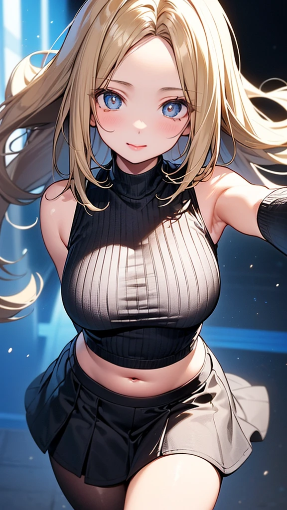 ((forehead、Standing、Chubby、A calm face、Blonde、High neck sleeveless knit、Belly button、mini skirt、tights、White Blonde Hair、Northern Europe、White、beautiful girl:1.5、Blonde、White background、cute、Young、True Face、Shiny Hair、whole body))、overweight:1.5、masterpiece, best quality, ultra detailed, hyper detailed, beautiful, woman, medium shot, from front, leaping figure composition, midday, in focus with blurred background、 highest quality, figure, super detailed, finely, High resolution, 8k wallpaper, Perfect dynamic composition, detailed and beautiful eyes, Deco out,bionde, big breasts, Natural color lip,white background, random cute poses