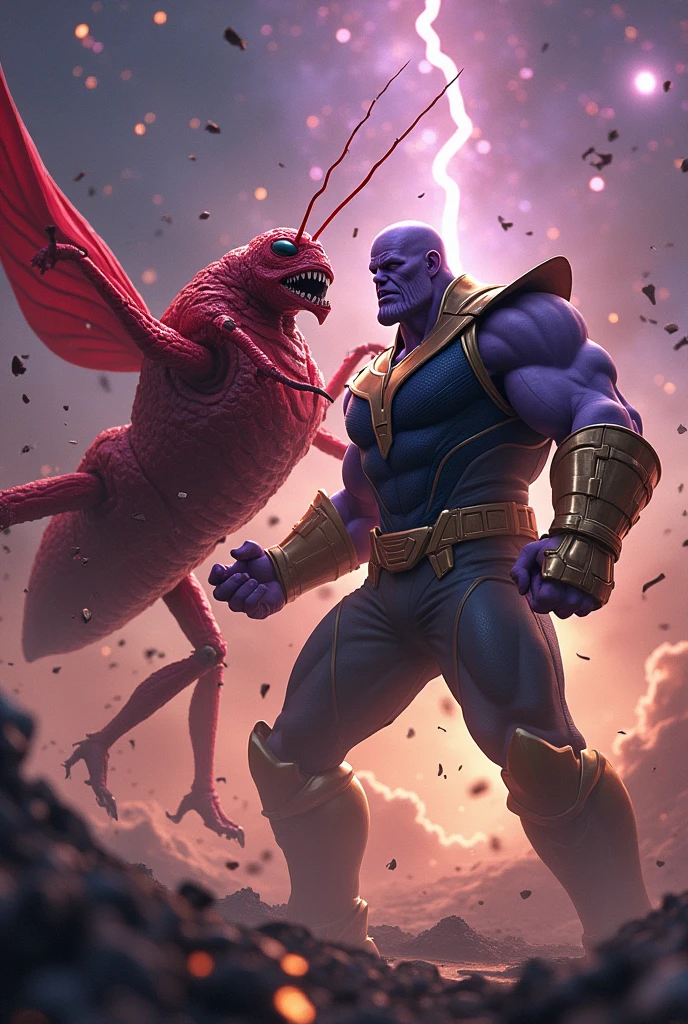 Generate me an image of Thanos fighting the red grasshopper
