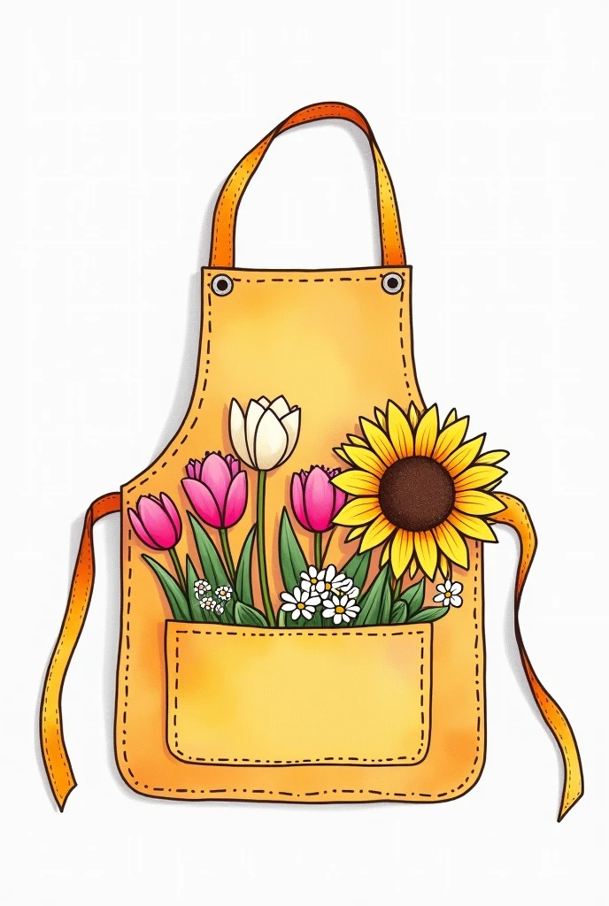 Draw an apron for an early childhood education teacher in which, The pocket contains the following items: tulips, astromelias, margaritas, sunflowers and gypsophila