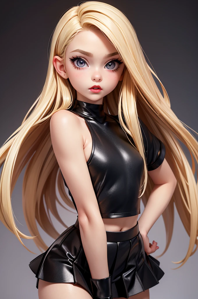 hyperrealistic 14 year old american teen, blonde, little, perfect tiny body, sexy, dark makeup, perfect slim face, big red lips, very cute face, tiny body, big eyes, young looking, childish looking, black party top, black tube skirt
