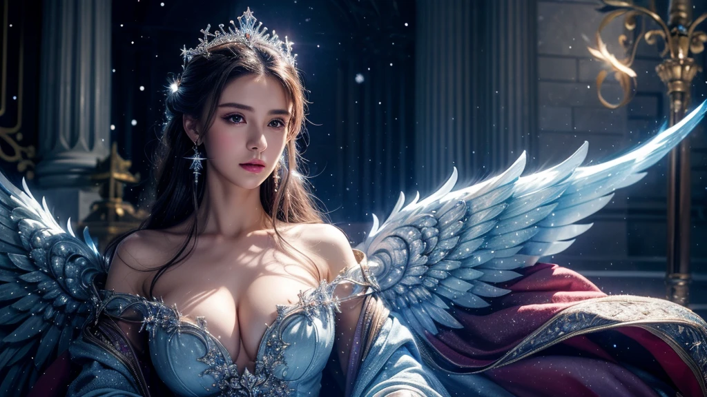 masterpiece, rest, best quality, Very detailed, Super real, 16K, high resolution, castle,snow, ((Starry Sky)),Female Mage,Gorgeous robe,Complex Mode,Pretty Face,Closed mouth,dramatic,Upper Body,Glowing scepter,Glowing Wings,Large Breasts