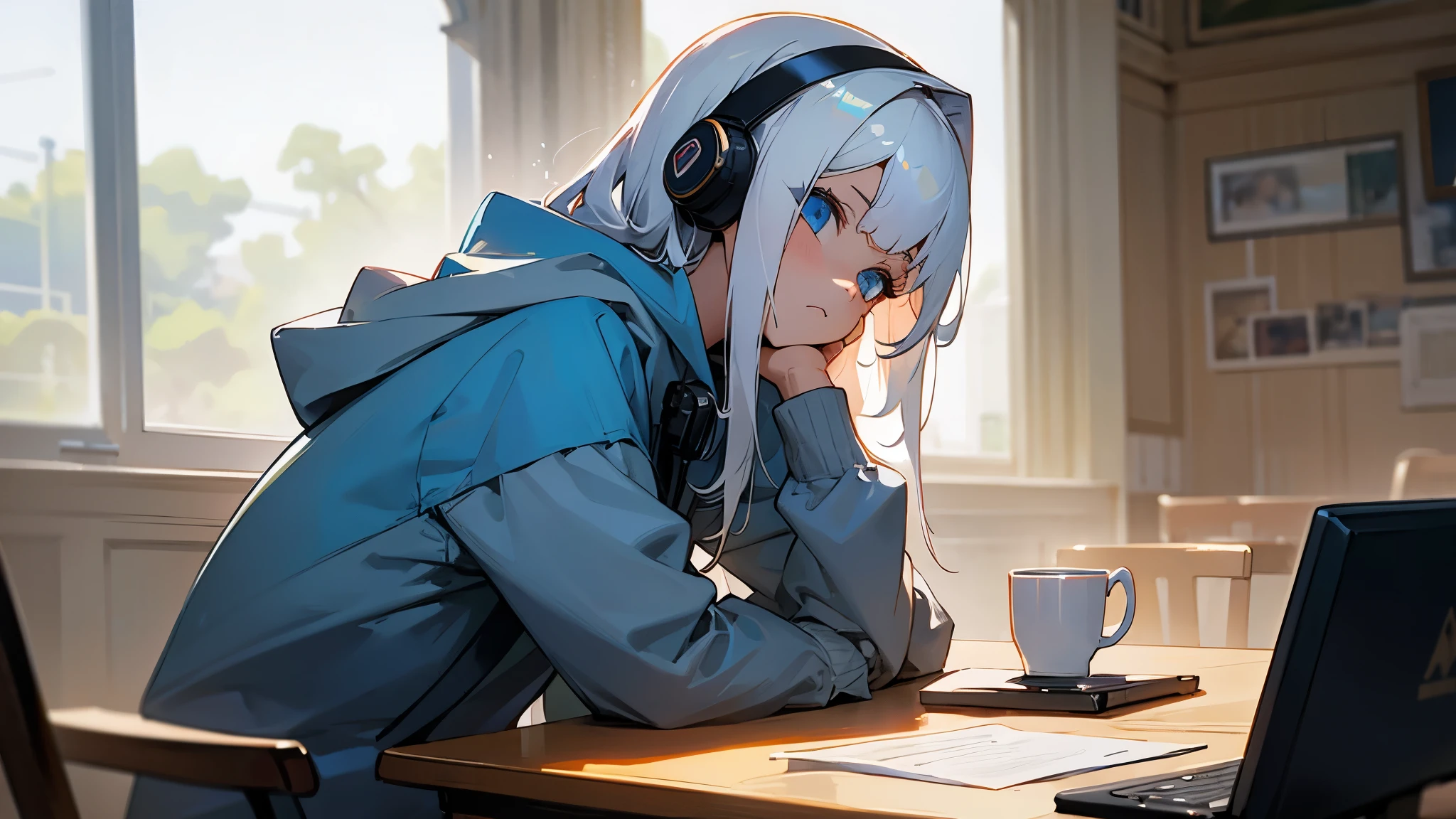 Best quaility, masterpiece, 4k, at night, A girl with white hair with blue eyes and around middle school age was wearing a hoodie, cheek cane, she wears a headset, she is facing the PC and not facing me, so I can't see her face, she is in a cafe which has sunlight shining in the building, working on something on her note PC