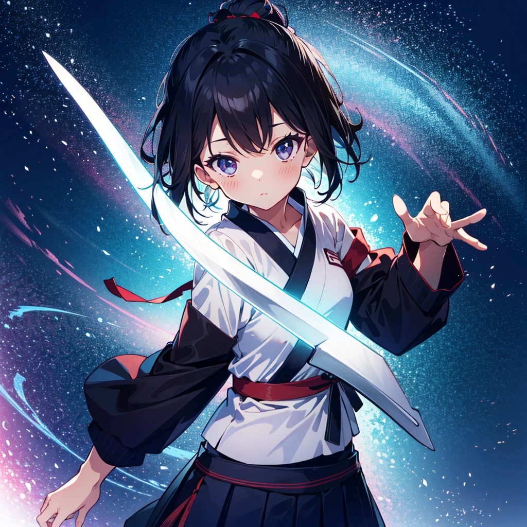 {{{Masterpiece, highest quality, high resolution background}}}, bright and beautiful atmosphere, 1 girl (, round face, baby face), small breasts, kendo dojo, girl wearing kendo uniform and holding a wooden sword, "deltamon_sdXL :0.73)>Deltamon"