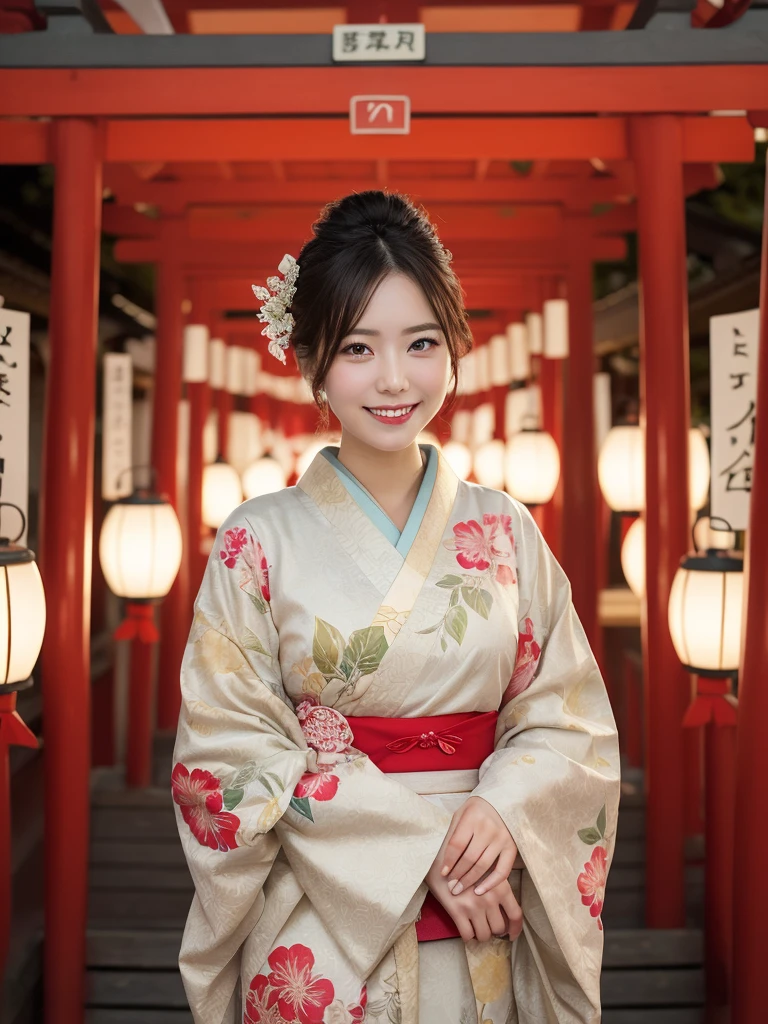 1 adult woman, 30 years old, beautiful and elegant, solo, highres, best_quality, masterpiece, detailed_background, intricate_details, beautiful, maiko, kyoto, yasaka_shrine, lanterns, evening, traditional_clothes, kimono, smile, looking_at_viewer, dynamic_pose, natural_pose, candid, happy