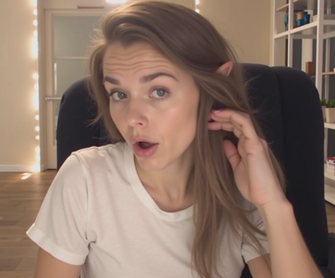 Beautiful sexy elf woman with long hair, white t-shirt, mouth open, eyebrows raised, happily gasping and moaning, long pointy ears, cinematic lighting, hyperrealistic, 8k, highly detailed, photorealistic, masterpiece