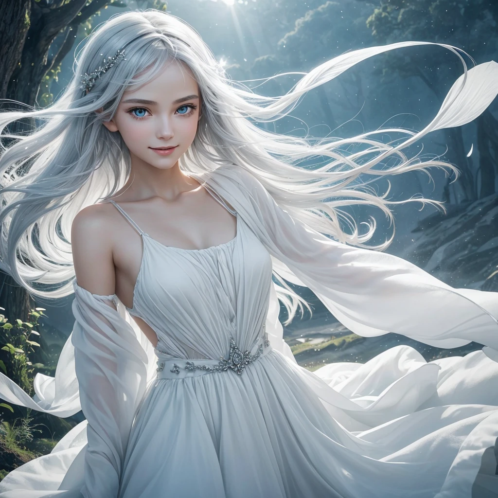 "A Sylphid Fairy, an agile and lively being who commands the power of the wind. She has flowing silver or white hair, light and airy, resembling the breeze itself. Her wings are delicate and transparent, with a subtle shimmer that reflects the light. Her eyes are large, clear, and bright, capturing the essence of a clear sky, while her nose is small and finely sculpted, complementing her delicate facial features. She appears to be in her early teens, though her true age is timeless. She wears minimalistic attire that hints at the freedom of the wind, allowing her to move swiftly and gracefully. Her smile is playful and mischievous, with lively, sparkling eyes that convey her spirited nature. Sylphid Fairies are born from the energy of wind spirits, emerging in high places or within storms, embodying the boundless freedom and speed of the wind."