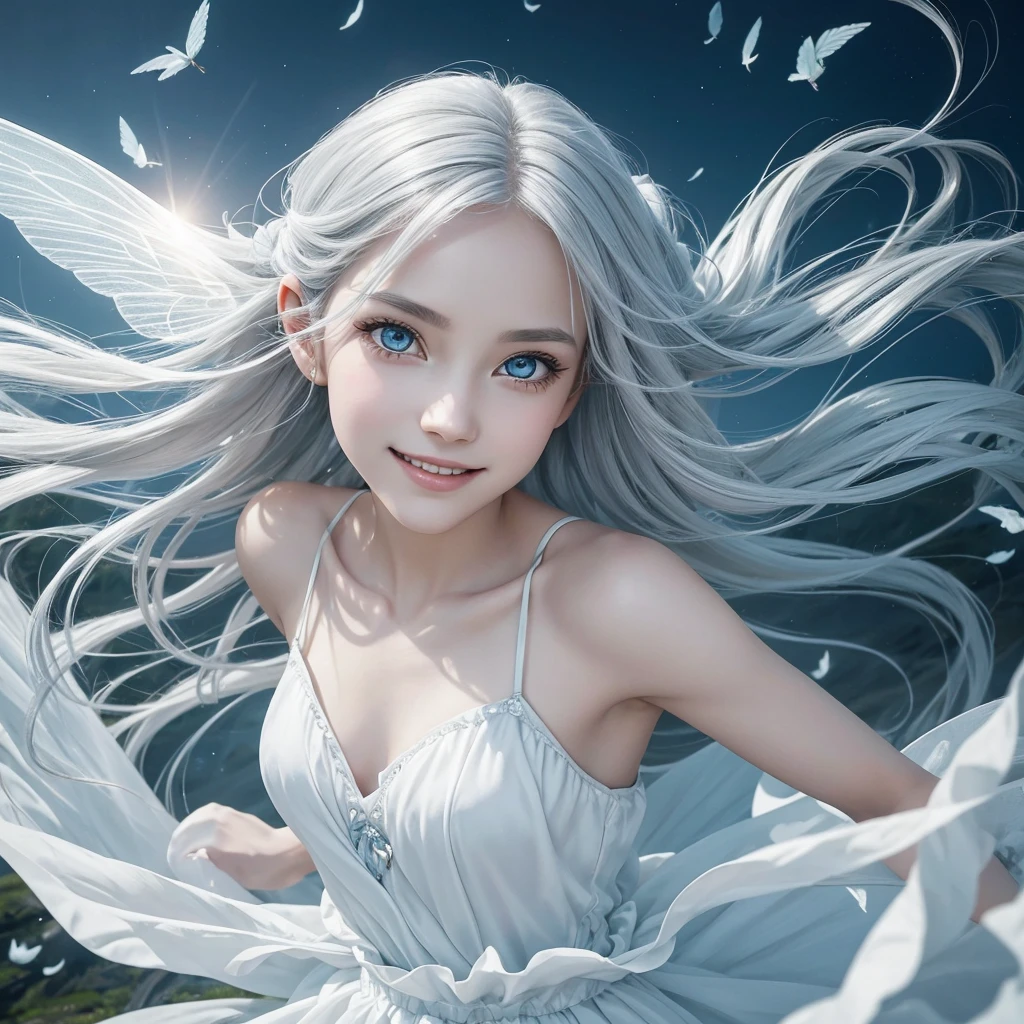"A Sylphid Fairy, an agile and lively being who commands the power of the wind. She has flowing silver or white hair, light and airy, resembling the breeze itself. Her wings are delicate and transparent, with a subtle shimmer that reflects the light. Her eyes are large, clear, and bright, capturing the essence of a clear sky, while her nose is small and finely sculpted, complementing her delicate facial features. She appears to be in her early teens, though her true age is timeless. She wears minimalistic attire that hints at the freedom of the wind, allowing her to move swiftly and gracefully. Her smile is playful and mischievous, with lively, sparkling eyes that convey her spirited nature. Sylphid Fairies are born from the energy of wind spirits, emerging in high places or within storms, embodying the boundless freedom and speed of the wind."