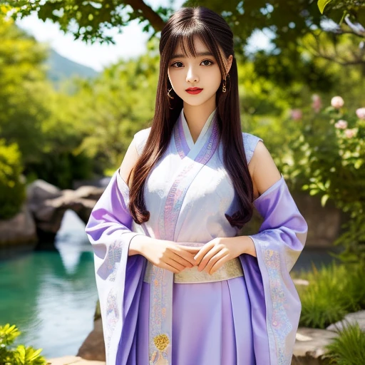 best quality, Delicate face,beautiful visual work, lifelike, eternity, black hair, Long curly hair, blunt bangs, Smile, Detailed Background, Delicate face,blush,cold,((masterpiece))、(top quality)、8k、high detail、Super detailed,21 years old female,Wearing Tang Dynasty Hanfu、waist skirt, Clothes are light and fluffy,Hanfu, wide sleeves, Transparent sleeves, Tunic, Clothes made of chiffon, Seductive and whimsical style、masterpiece、born、Scenes resembling fairy tale illustrations、Intricate details and complex designs、Beautifully、magic、capricious、 Beautifully、Dream aesthetics、「𝓡𝓸𝓶𝓪𝓷𝓽𝓲𝓬、ethereal、charming、fickle、magic」、Realism、Visual effects、FXAA、SSAO、Shaders、voiceless、ambient lighting、Tone mapping、High resolution、Ultra high quality、Million pixels、(8K resolution:1.10)、8k、Below 8K、8K resolution、high detail、intricate details, (high quality:1.2、masterpiece:1.2、:1.21)、(21 years old female:1.21)、(Smile excitedly)、(Surrounded by a dream-like atmosphere、Model diagram,full-body shot,Normal 2 feet,Put your hands behind you,The protrusion of the breast is visible when wearing clothes, Large Breasts, H cup chest, antiquity, Xian Xia, gauze clothes, Soft and fluttering, Fairy, dream, fantasy, light, elegant, nature, Immortal, romantic, classical, ribbon, light purple clothes, By the stream