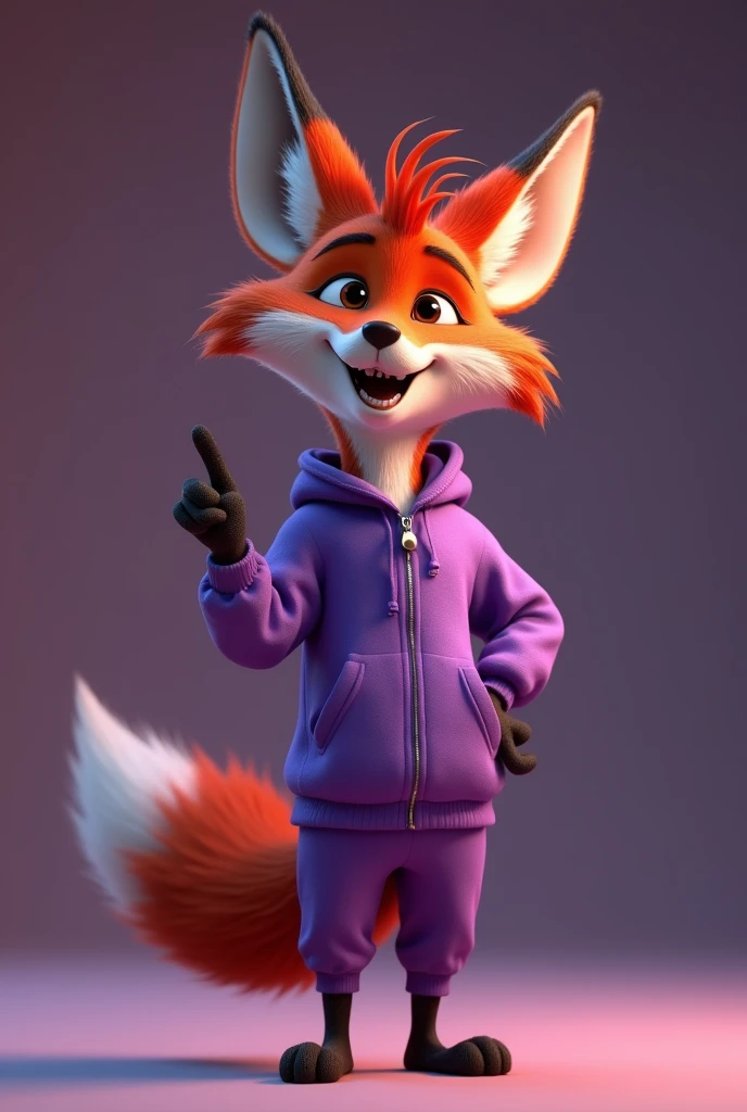 A fox standing disney pixar 4d style wearing a stylish purple tracksuit happy standing giving a wide smile and with his mouth open looking happy with his finger pointing to the right 