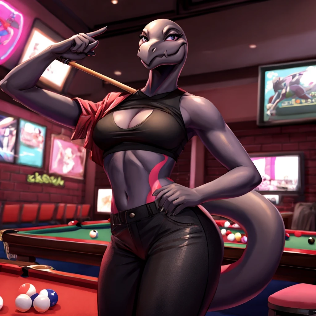 Salazzle (Pokémon), Sexy pose, Breasts, Billiards, 32k art, digital art, smiling, Standing, excited, Feminine focus, black sportswear, Sports top, Cue, Military black pants, Looking at the viewer, he points to peace in one hand