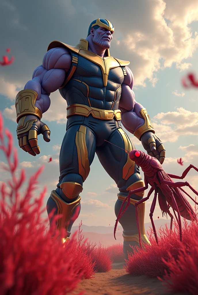 Generate me an image of Thanos fighting against the red grasshopper but the one of Roberto Gómez Bolaños