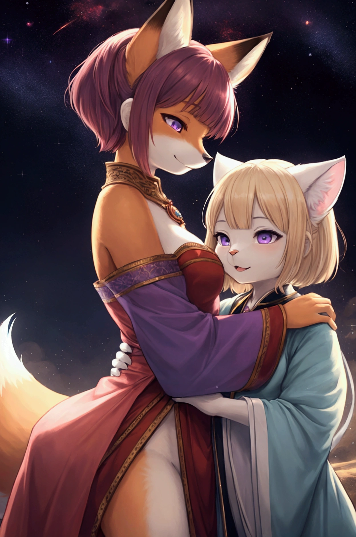 ASCIIrealistic, masterpiece, (side) view, couple portrait, two characters, cute COUPLE, lesbian couple, female couple : (female (anthro ((red) fox))), detailed and extremely fluffy body fur, glossy fur, purple eyes, round chest, ((short messy copper hair, short bangs, short blunt bob hairstyle)), (fantasy black and purple magician witch outfit), half-closed eyes, closed mouth, cheeky seductive expression, embracing another, a second (female (anthro ((white)) feline cat))), flat chest, blue eyes ((long messy blonde low twin tails)), (fantasy sky blue high priestress robe with golden gemstone accessories details) uploaded on e621, (by Hasui Kawase:0.5), by Barbara Takenaga, by Affandi, by Beatrice Ethel Lithiby, by Catcouch, FurryCore, nighttime, intricately space galaxy background, ethereal magical lights, dim lighting, emitting otherworldly glow that defies the laws of natural light, detailed, realistic, 8k uhd, high quality, high quality photography, 3 point lighting, flash with softbox, 4k, Canon EOS R3, hdr, smooth, sharp focus, high resolution, award winning photo, 80mm, f2.8, bokeh, cinematic composition, cinematic lighting,highly detailed, masterpiece, best quality, realistic, (intricate:0.9), (high detail:1.4), film photography, sharp focus,