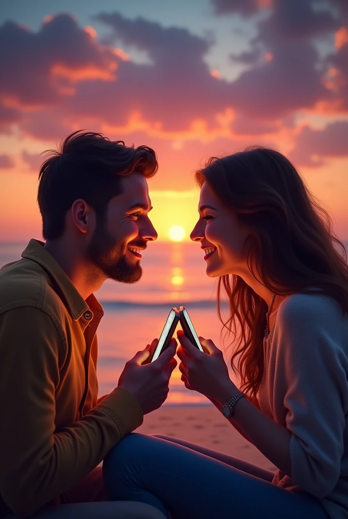 a couple on a video call, both smiling and holding their phones or laptops, with one side showing a sunset in one location and the other showing a sunrise in another. Alternatively, you could use a graphic that shows two hearts connected by a dotted line or a map with two pins representing the locations.