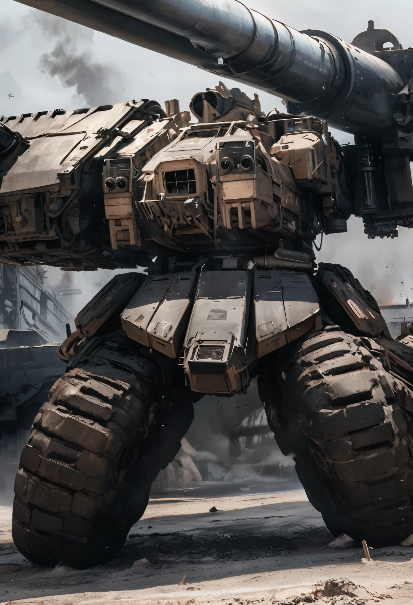 quality\(masterpiece, best quality,8k,wallpaper of extremely detailed CG unit,hight resolution,top-quality,top-quality real texture skin,hyper realisitic,increase the resolution,RAW photos,best qualtiy,highly detailed,the wallpaper\), BREAK ,tank\((very huge)armored,thick armor, (many steel plates retrofitted:1.4), (huge cannon\((beam cannon:1.4), glowing blue-white\):1.4), camouflage paint,(huge tank tread:1.6), (exhaust muffler on top\(smoke\):1.3), smashing rocks,\), background\(rough, rocky road,battle field, many bullets comming, explosions\),