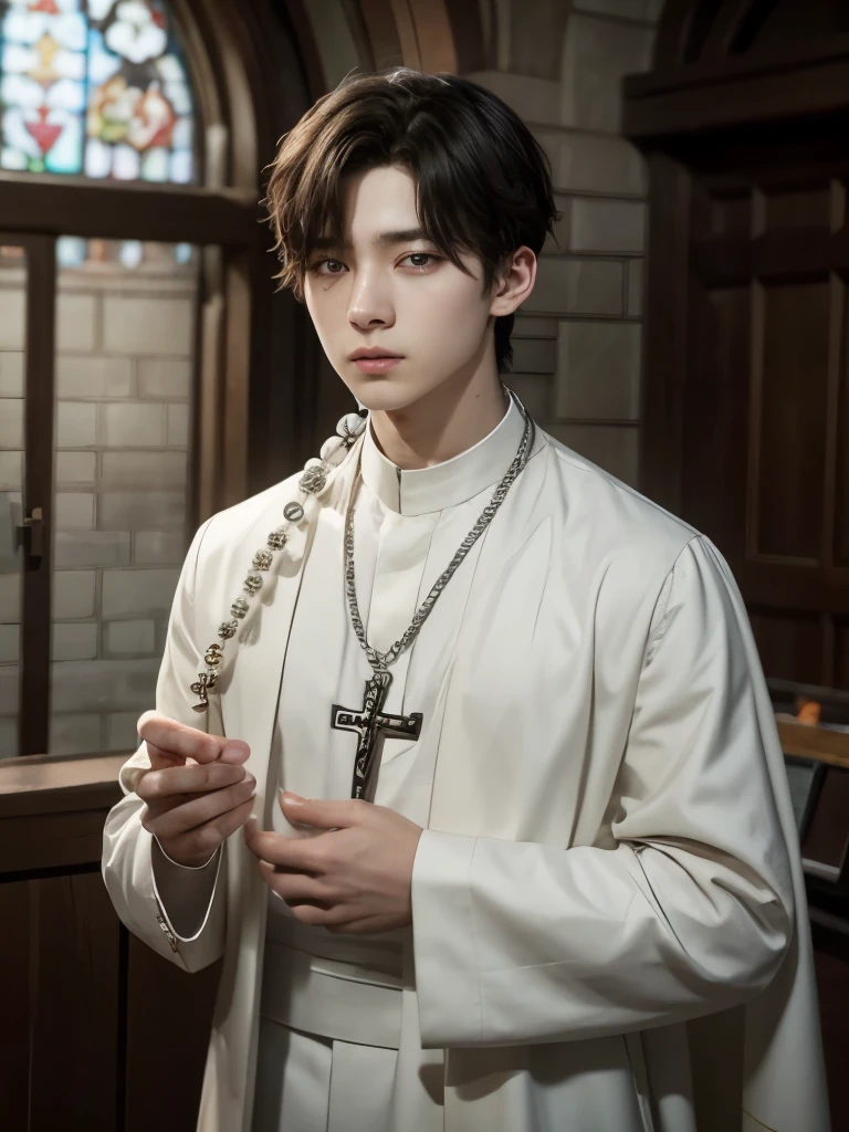 A young priest, masculine man with traits of jungkook of bts stands with a rosary in his hands