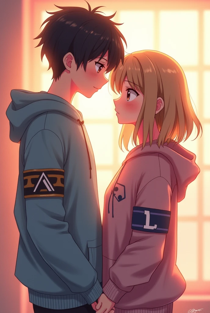 anime couple, with sweatshirts, The boy is wearing the letter A on his armband and the girl is wearing the letter L.